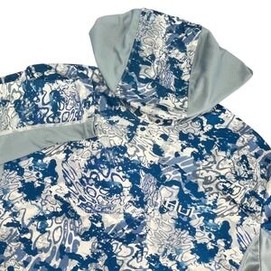 Huk Mens Performance Fishing Hoodie Blue Camo Mesh Sun Shirt Size M Long Sleeve